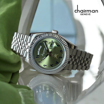 ساعة Chairman Geneve Arabic Day And Dated Green Men's Watch بسوار فضي ومينا خضراء للرجال