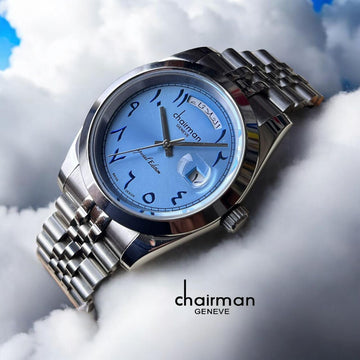 Chairman Geneve Baby Blue Day And Dated Arabic Dial Silver Chain Gents Watch