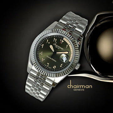 Chairman Geneve Dated Arabic Dark Green Dial Silver Chain Gents Watch