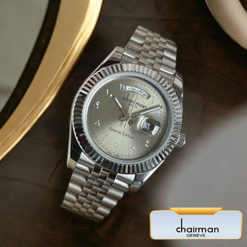 Chairman Geneve Dated Arabic Grey Dial Silver Chain Gents Watch