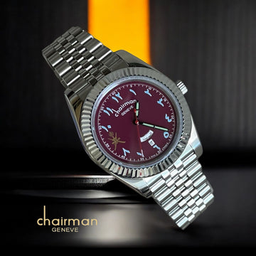 ساعة Chairman Geneve Dated Arabic Maroon بسلسلة فضية للرجال