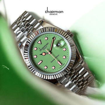 Chairman Geneve Dated Green Dial Silver Chain Gents Watch