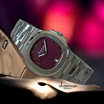 ساعة Chairman Geneve Dated Maroon Arabic بسوار فضي للرجال