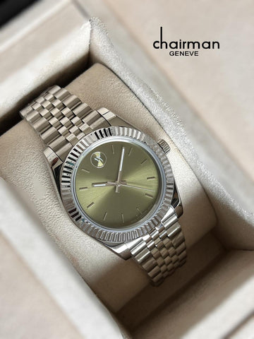 Chairman Geneve Dated Olive Green Dial Silver Chain Gents Watch