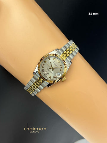 ساعة Chairman Geneve Grey Dated Roman Dial Silver Gold Chain للرجال