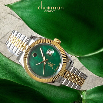 Chairman Geneve OMAN Emblem Dated Green Dial Silver And Gold Chain Gents Watch