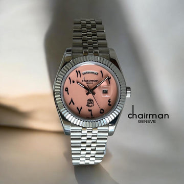 ساعة Chairman Geneve Pink Dated Arabic Strap للرجال بسوار فضي