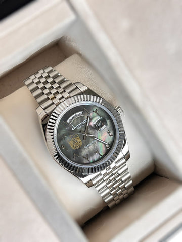 Chairman Geneve UAE Emblem Day And Dated Arabic Grey Dial Silver Chain Gents Watch