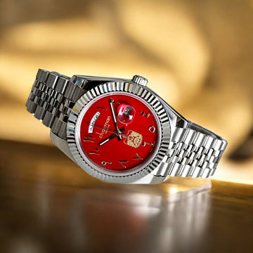 Chairman Geneve UAE Emblem Day And Dated Arabic Red Dial Silver Chain Gents Watch