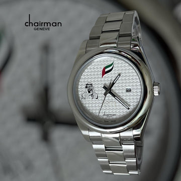 Chairman Geneve UAE Flag Sheik Photo Dated White Dial Silver Chain Gents Watch