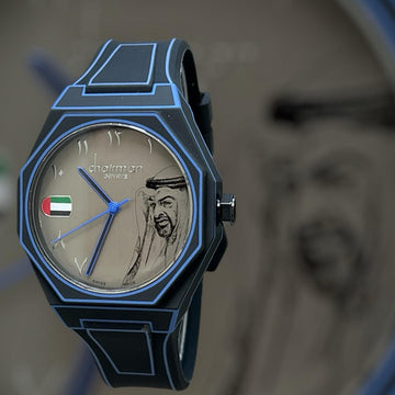 Chairman Geneve UAE Flag Sheikh Photo Arabic Grey Dial Blue Poly Carbon Gents Watch