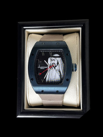Chairman Geneve UAE Sheik Arabic Black Dial Beige Strap Gents Watch