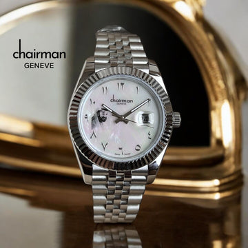 Chairman Geneve UAE Sheik Dated Arabic White Dial Silver Chain Gents Watch