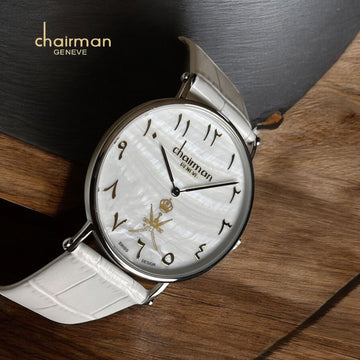 OMAN Emblem Chairman Geneve Arabic White Marble Dial White Strap Gents Watch