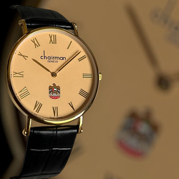 UAE Emblem Chairman Geneve Roman Beige Dial Black Strap Gents Watch
