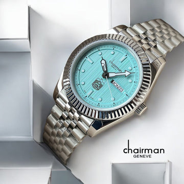 UAE Emblem Day And Dated Sky Blue Dial Chairman Geneve Silver Chain Gents Watch