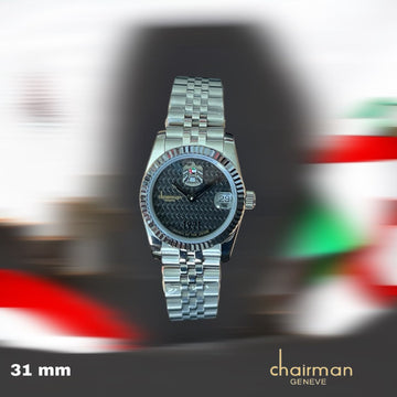 ساعة Chairman Geneve بشعار النسر لدولة الإمارات العربية المتحدة ومينا سوداء وحزام فضي