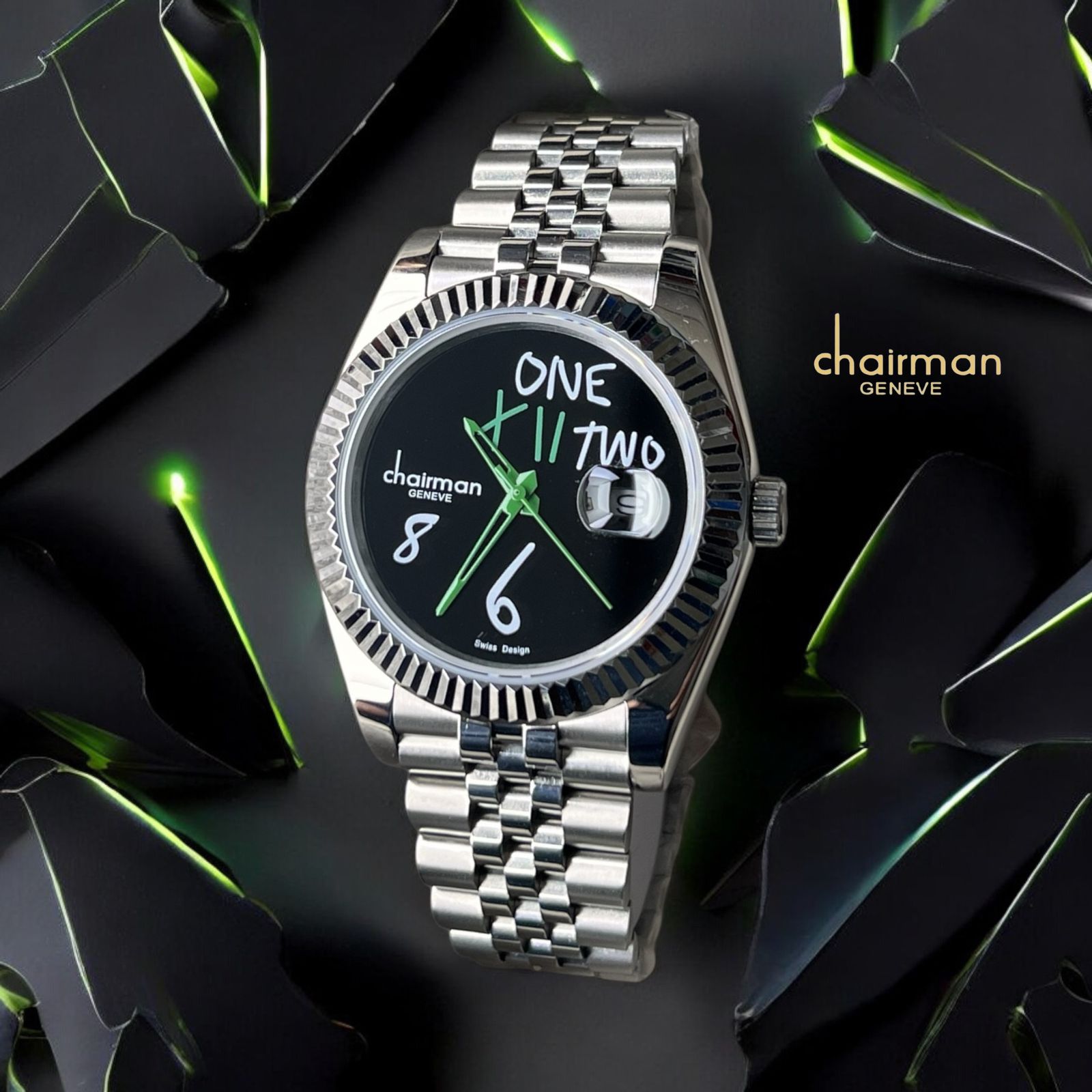 One XITWO Mens Premium Watch With Green Hour Markers Black Dial And Stainless Steel Band