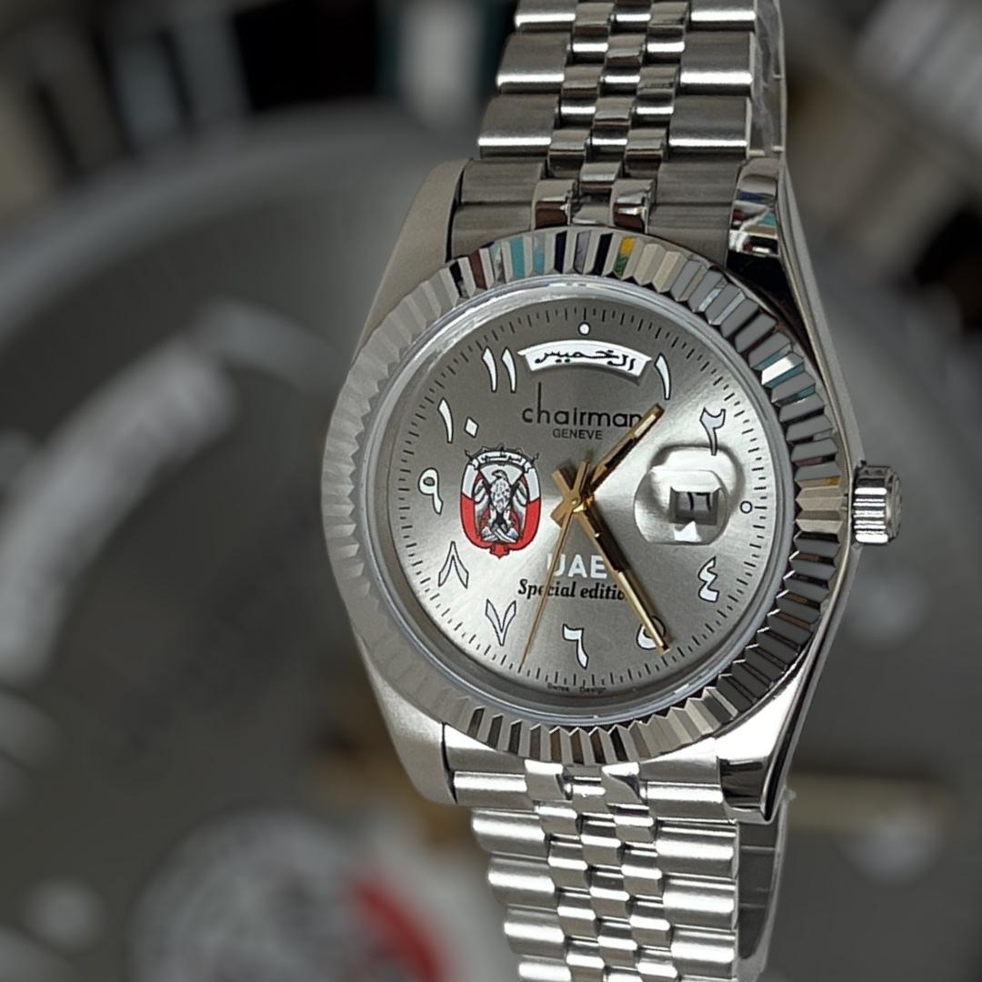 ABU DHABI Emblem Arabic Day And Dated Grey Dial Silver Chain Chairman Geneve Gents Watch