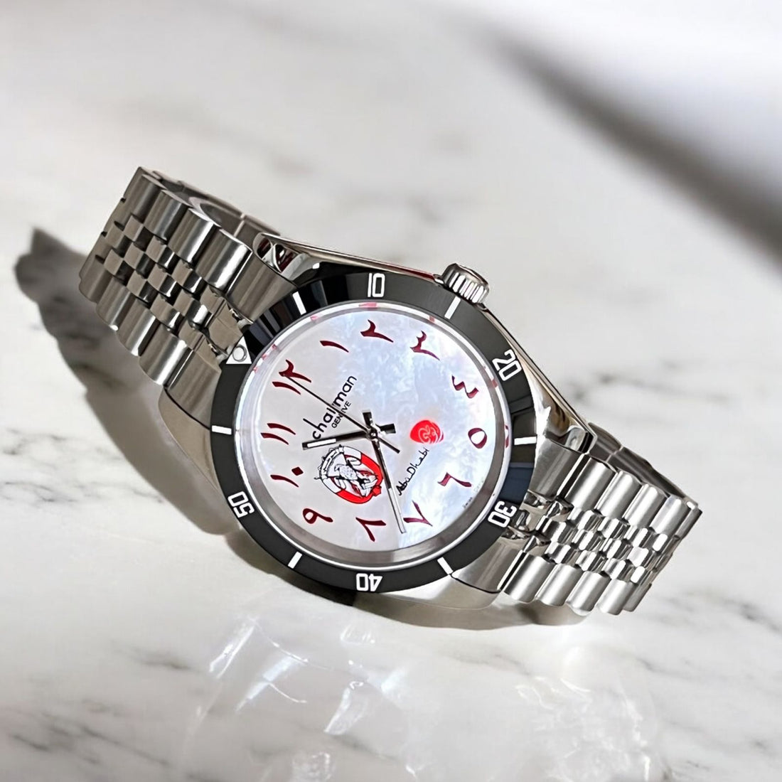 ABU DHABI Emblem Chairman Geneve Arabic White Dial Silver Chain Gents Watch