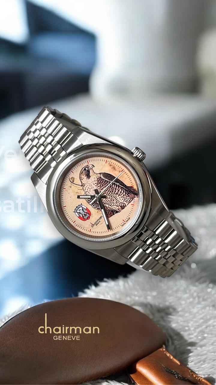 ABU DHABI Emblem Chairman Geneve Swiss Design Vintage Dial Silver Chain Gents Watch