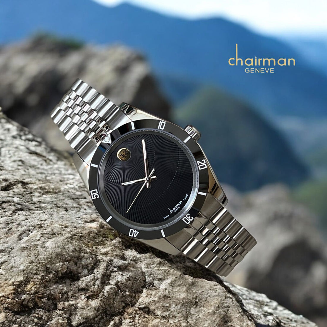 Black Dated Dial Swiss Design Chairman Geneve Silver Chain Gents Watch