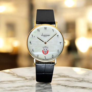 Chairman Geneve ABU DHABI Emblem Arabic White Dial Black Strap Gents Watch