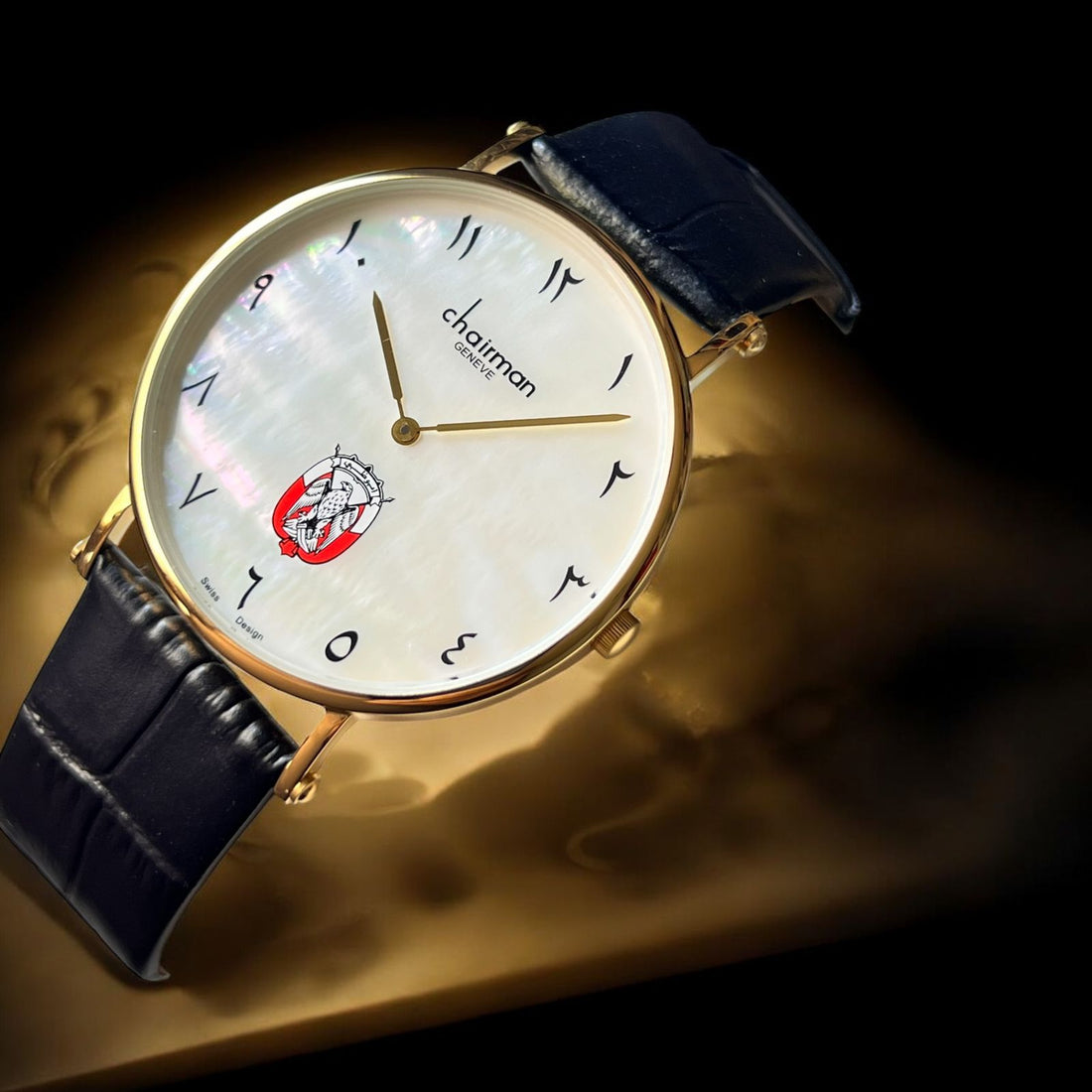 Chairman Geneve ABU DHABI Emblem Arabic White Dial Black Strap Gents Watch