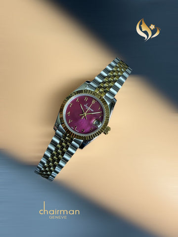 Chairman Geneve Arabic Dated Maroon Dial Silver And Gold Chain Ladies Watch