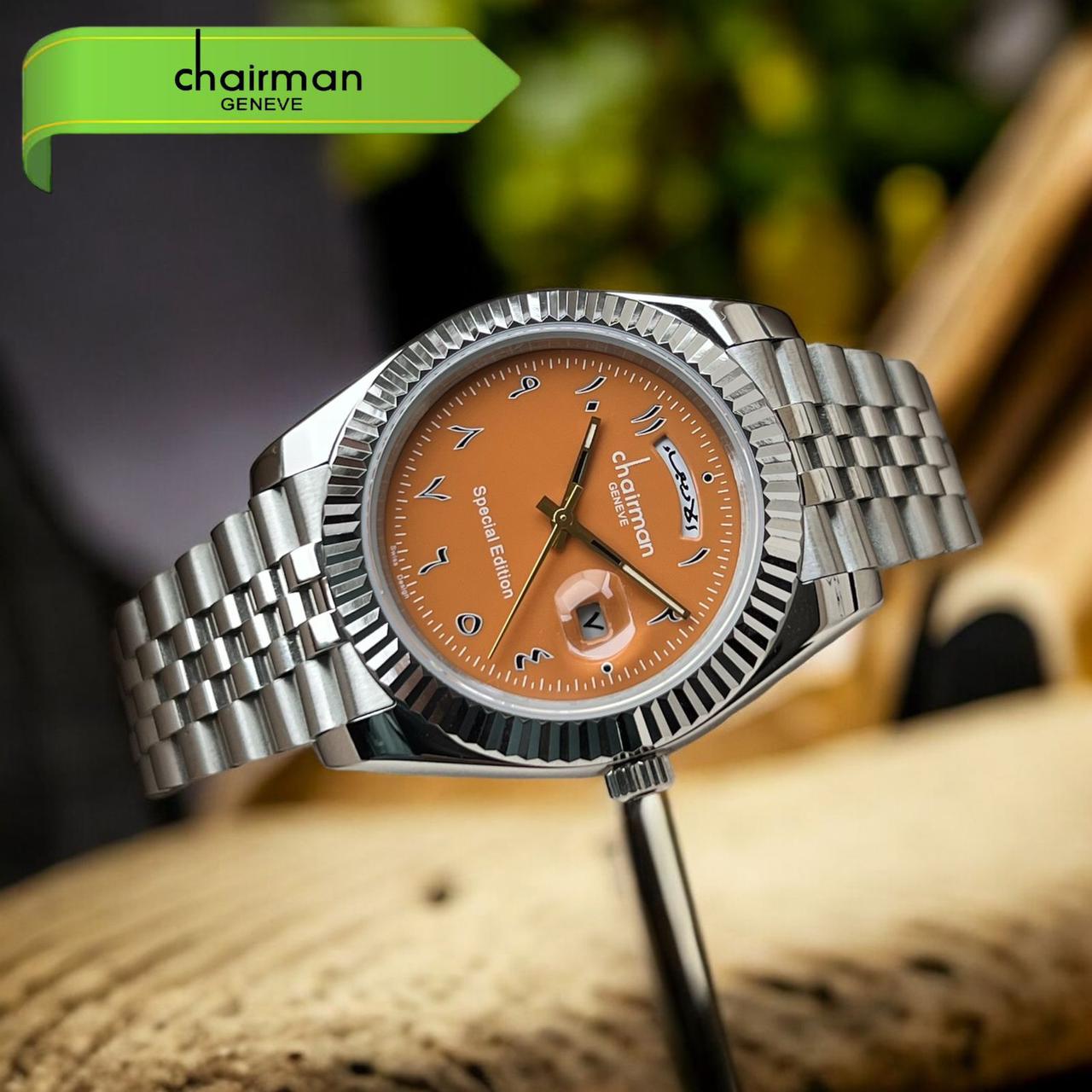 Chairman Geneve Arabic Day And Dated Orange Dial Silver Chain Gents Watch