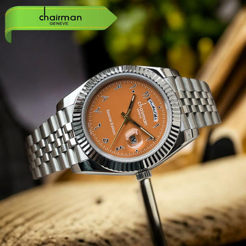 Chairman Geneve Arabic Day And Dated Orange Dial Silver Chain Gents Watch
