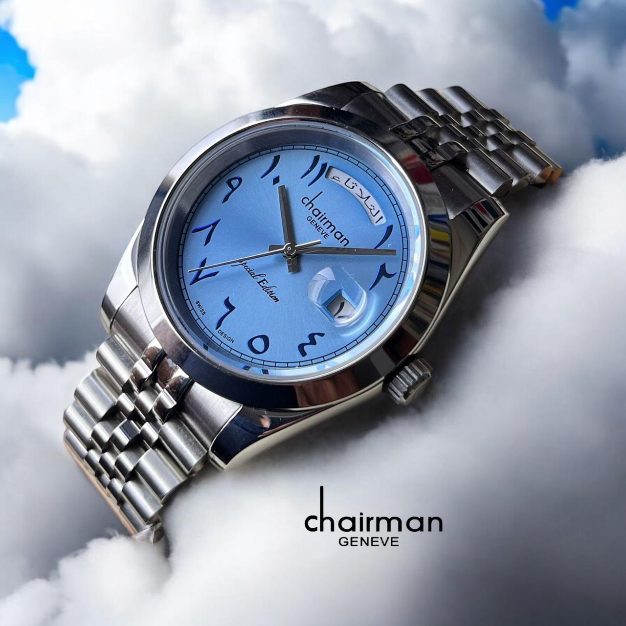 Chairman Geneve Baby Blue Day And Dated Arabic Dial Silver Chain Gents Watch