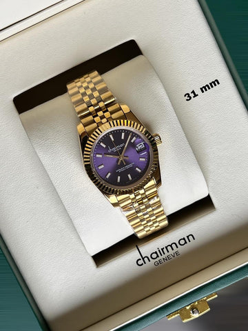 Chairman Geneve Dated Purple Dial Golden Chain Ladies Watch