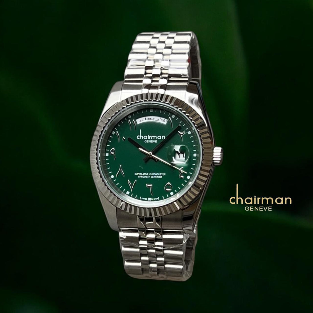 Chairman Geneve Day And Dated Arabic Green Dial Silver Chain Gents Watch