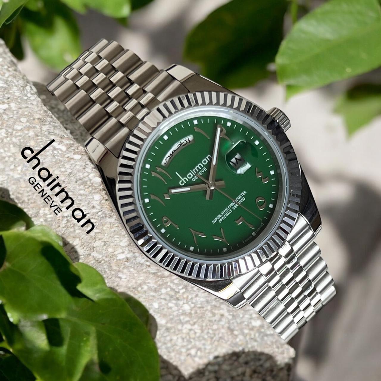 Chairman Geneve Day And Dated Arabic Green Dial Silver Chain Gents Watch