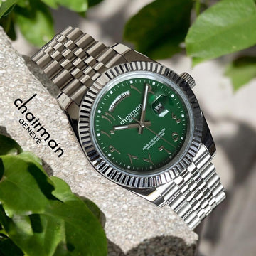 Chairman Geneve Day And Dated Arabic Green Dial Silver Chain Gents Watch