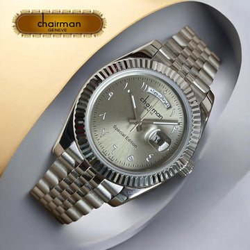 Chairman Geneve Day And Dated Arabic Grey Dial Silver Chain Gents Watch