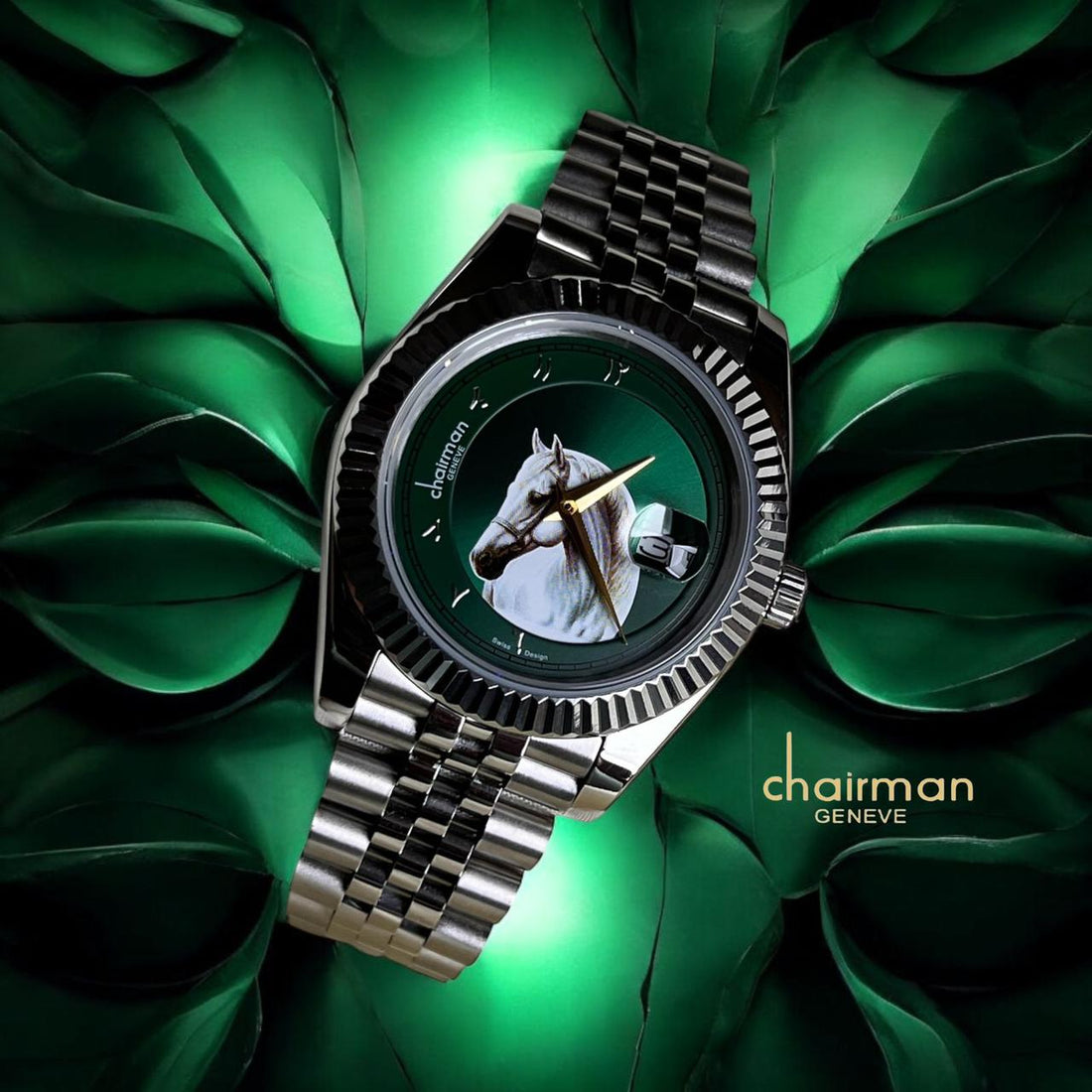 Chairman Geneve Horse Arabic Dated Green Dial Silver Chain Gents Watch