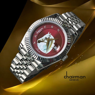 Chairman Geneve Horse Arabic Dated Maroon Dial Silver Chain Gents Watch