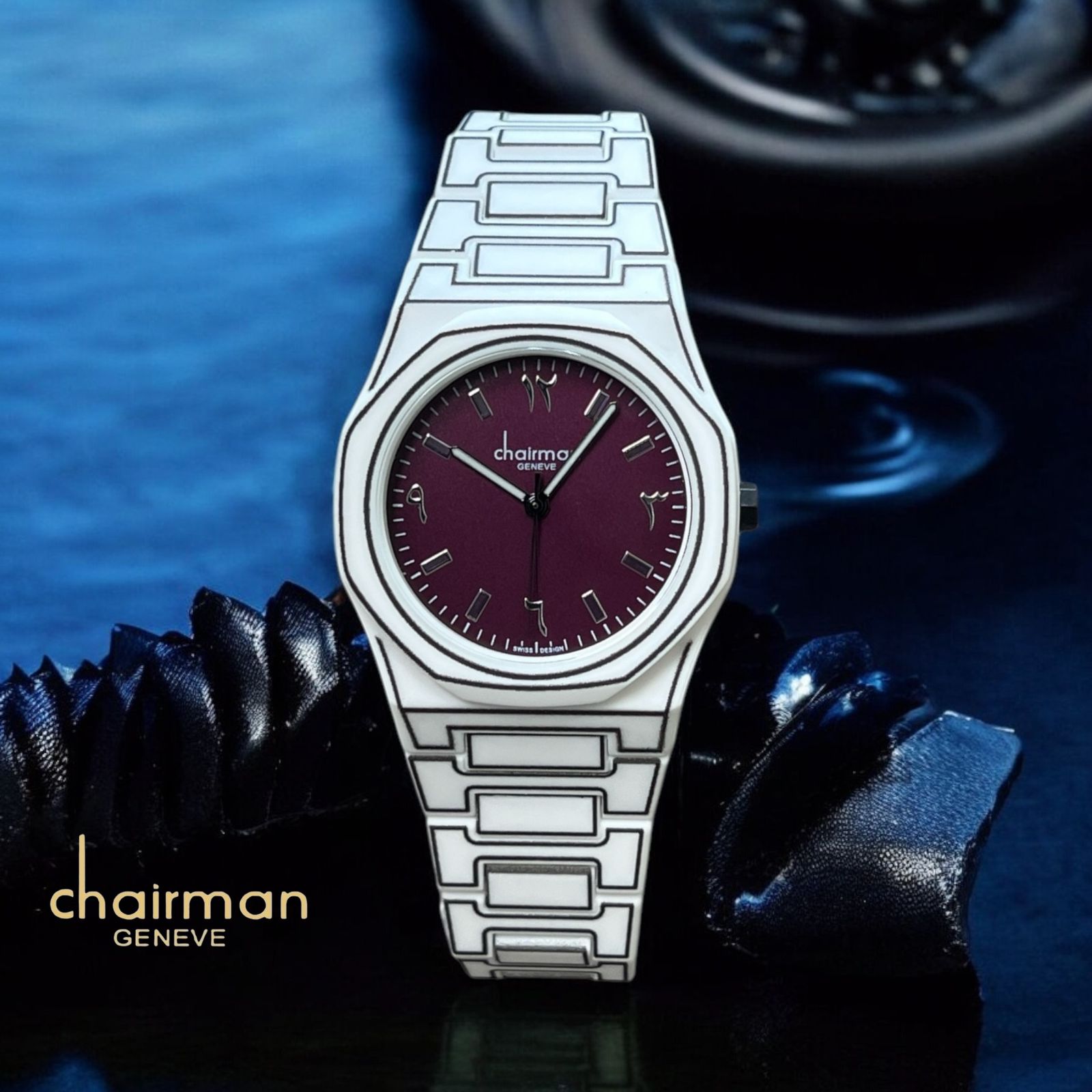 ساعة Chairman Geneve Maroon للرجال بمينا عربية وحزام أبيض