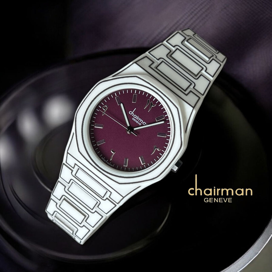 ساعة Chairman Geneve Maroon للرجال بمينا عربية وحزام أبيض