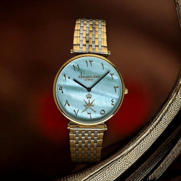 Chairman Geneve OMAN Emblem Arabic Baby Blue Dial Silver And Gold Chain Gents Watch