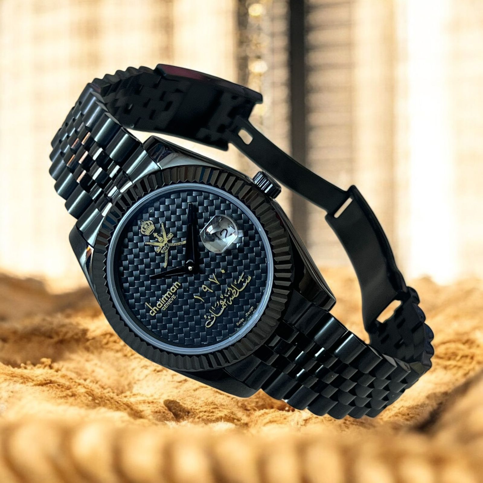 Chairman Geneve OMAN Emblem Dated Black Dial Black Chain Gents Watch