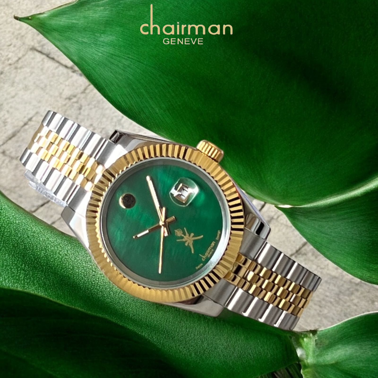 Chairman Geneve OMAN Emblem Dated Green Dial Silver And Gold Chain Gents Watch
