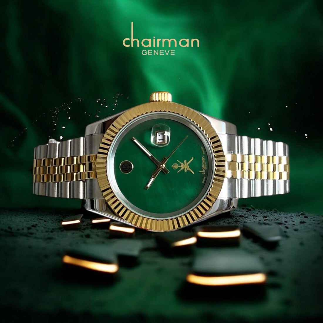 Chairman Geneve OMAN Emblem Dated Green Dial Silver And Gold Chain Gents Watch