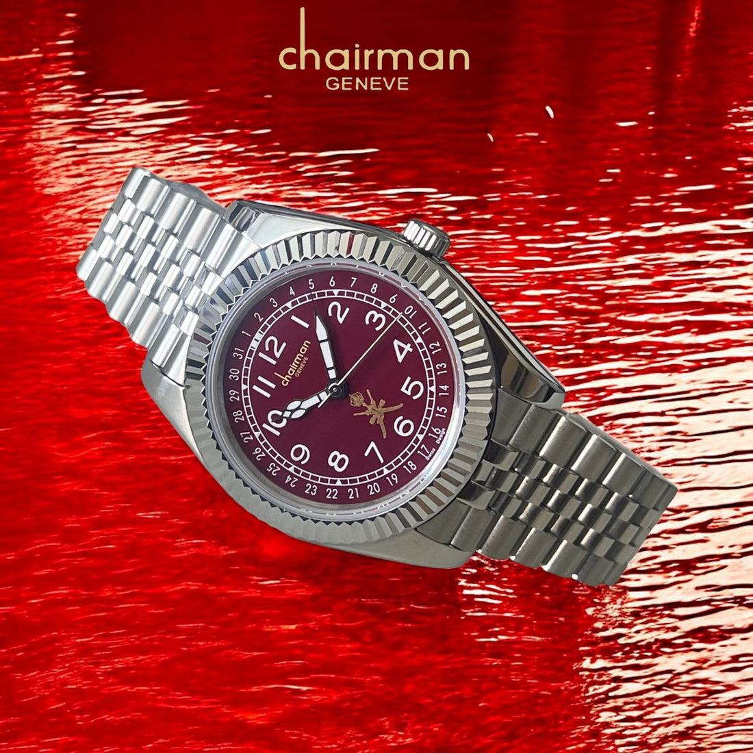 Chairman Geneve OMAN Emblem Maroon Dial Silver Chain Gents Watch