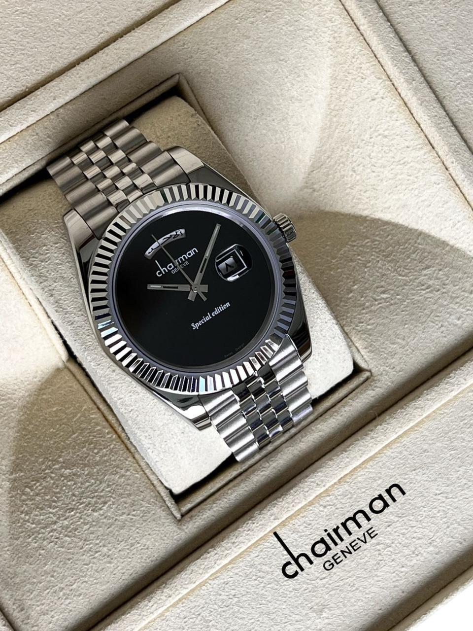 Chairman Geneve Special Edition Day And Dated Black Dial Silver Chain Gents Watch