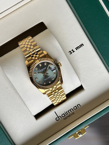 Chairman Geneve Stone Dated Green Dial Golden Chain Ladies Watch