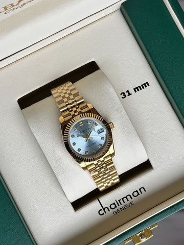 Chairman Geneve Stone Dated Sky Blue Dial Golden Chain Ladies Watch