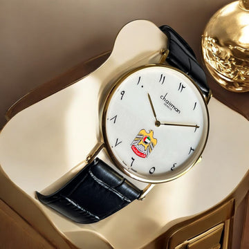 Chairman Geneve UAE Emblem Arabic White Dial Black Strap Gents Watch